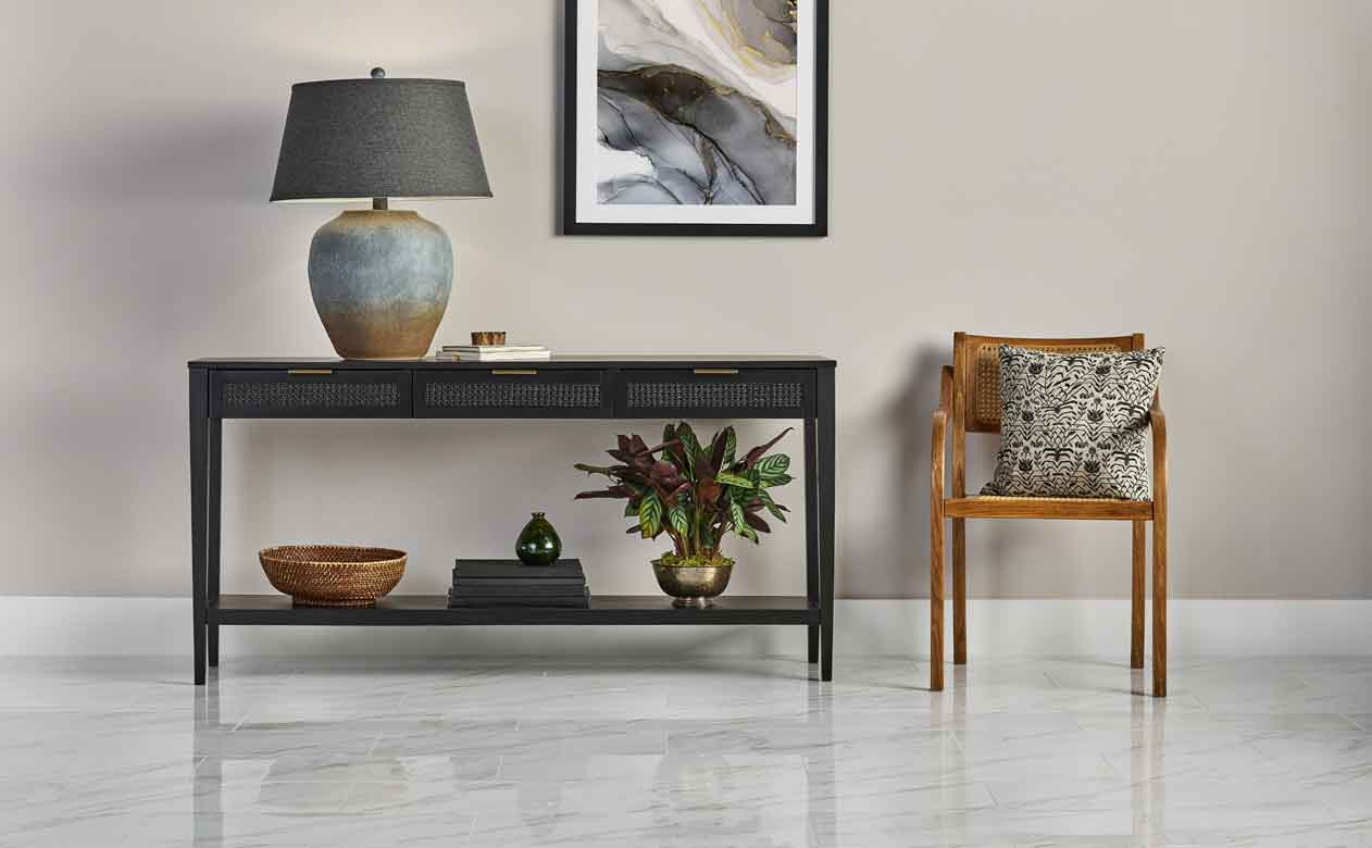 beige neutral toned tile flooring in home office